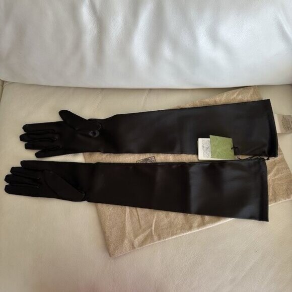 NWT GUCCI Gloves Satin Black GG Logo Sz M 7.5 100% Authentic - Picture 5 of 9
